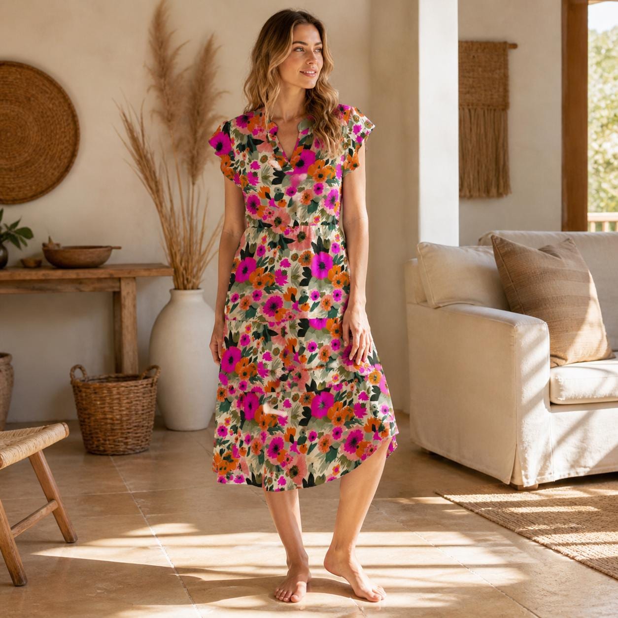 Colorful Floral V-Neck Fit and Flare Dress, Cottage Garden Style, Spring Brunch Sundress
