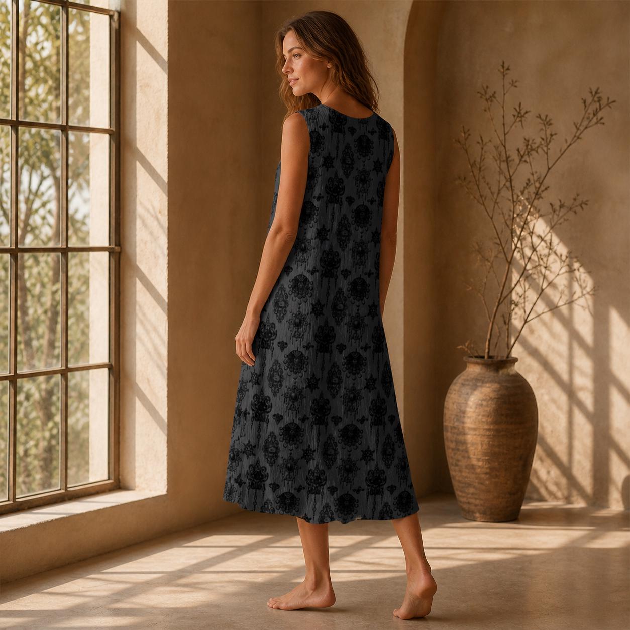 Charcoal Damask Midi Dress, Sleeveless Tiered Baroque Floral Sundress