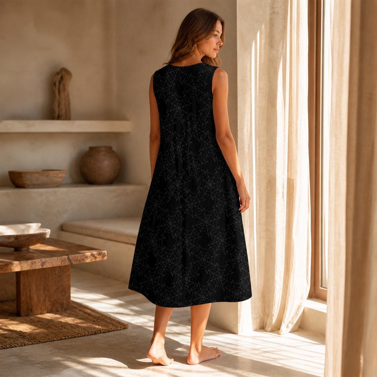 Sleeveless Spider Web Midi Dress, Dark Gothic Resort Wear