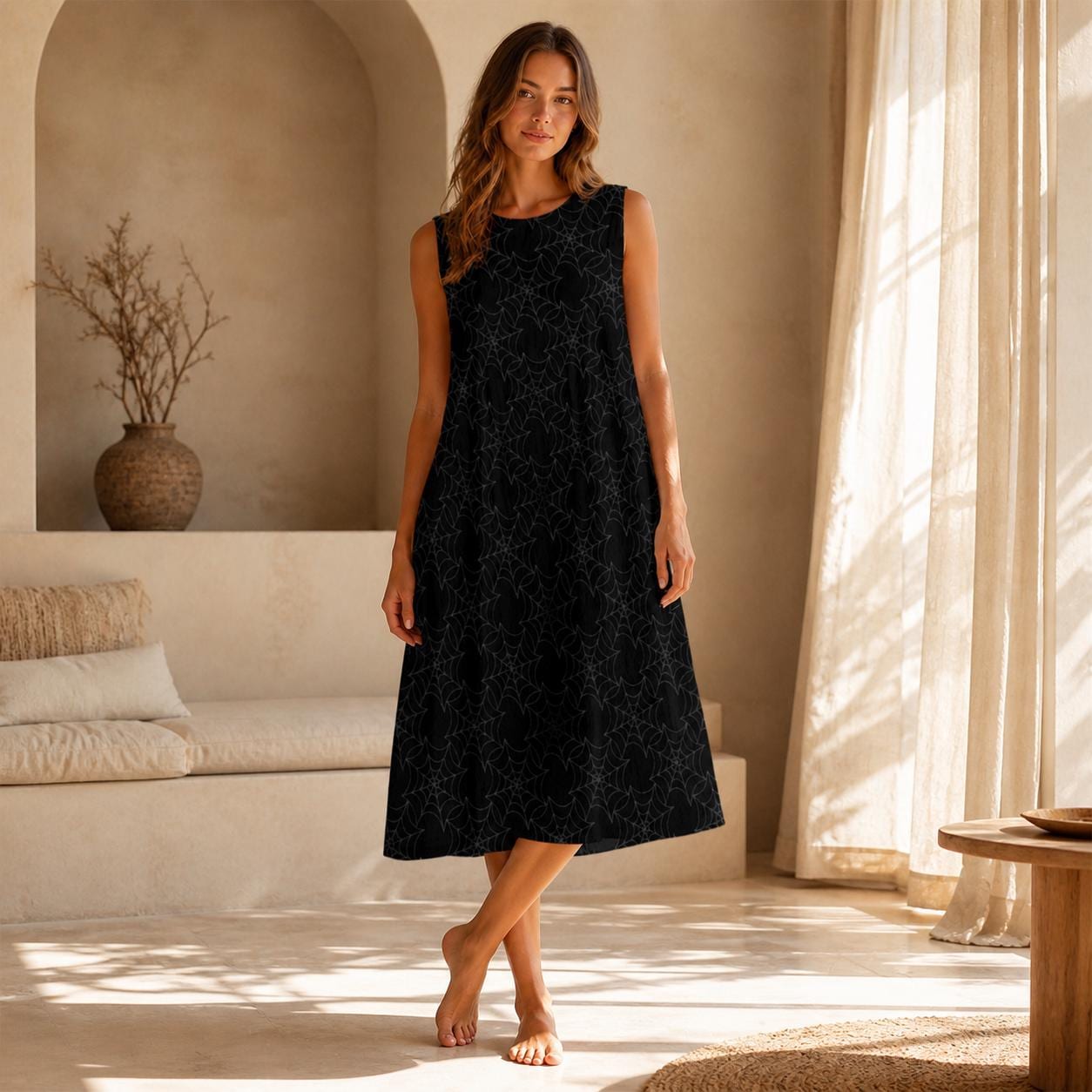 Sleeveless Spider Web Midi Dress, Dark Gothic Resort Wear
