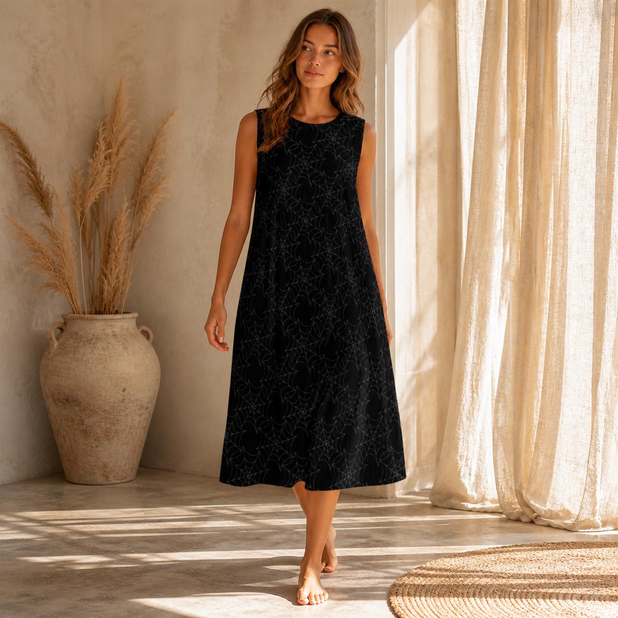 Sleeveless Spider Web Midi Dress, Dark Gothic Resort Wear