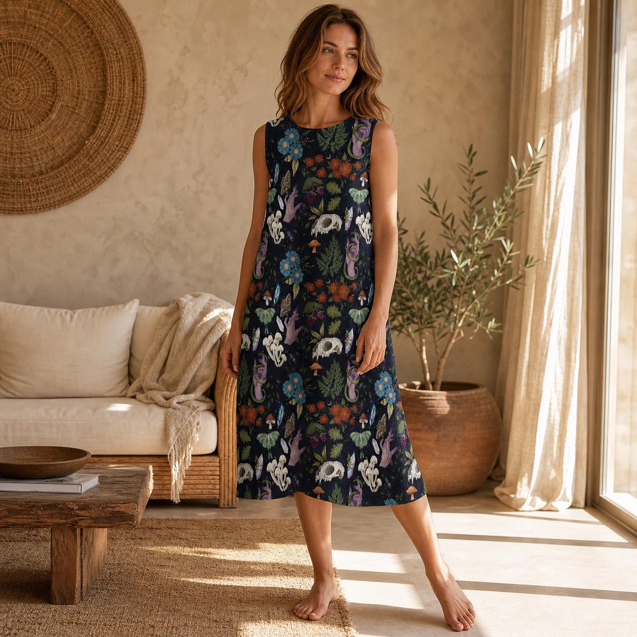 Dark Botanical Midi Dress, Woodland Animal Print, Sleeveless A-Line Cottagecore Style