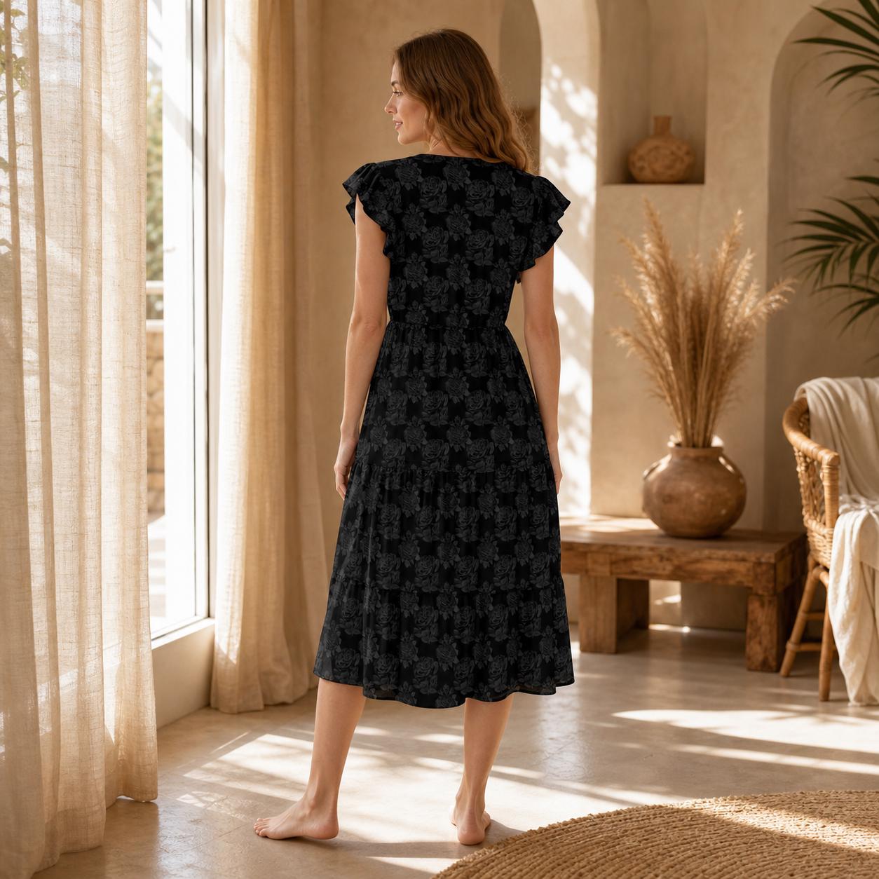 Gothic Floral Midi Dress, Black Botanical Fit and Flare, Flutter Sleeves, Dark Romantic Style