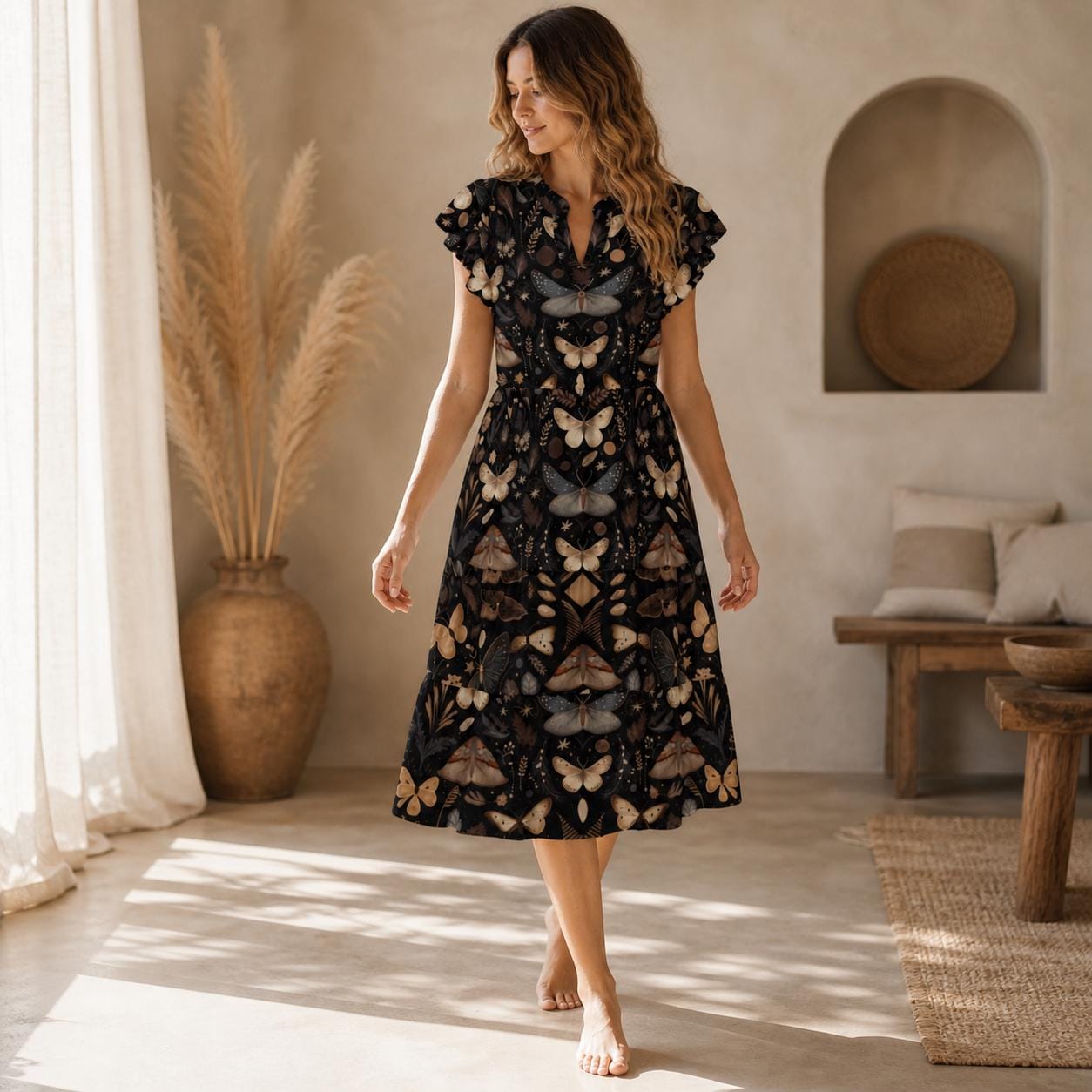 Black Moth Print Midi Dress, Flutter Sleeve V-Neck, Dark Cottagecore Style