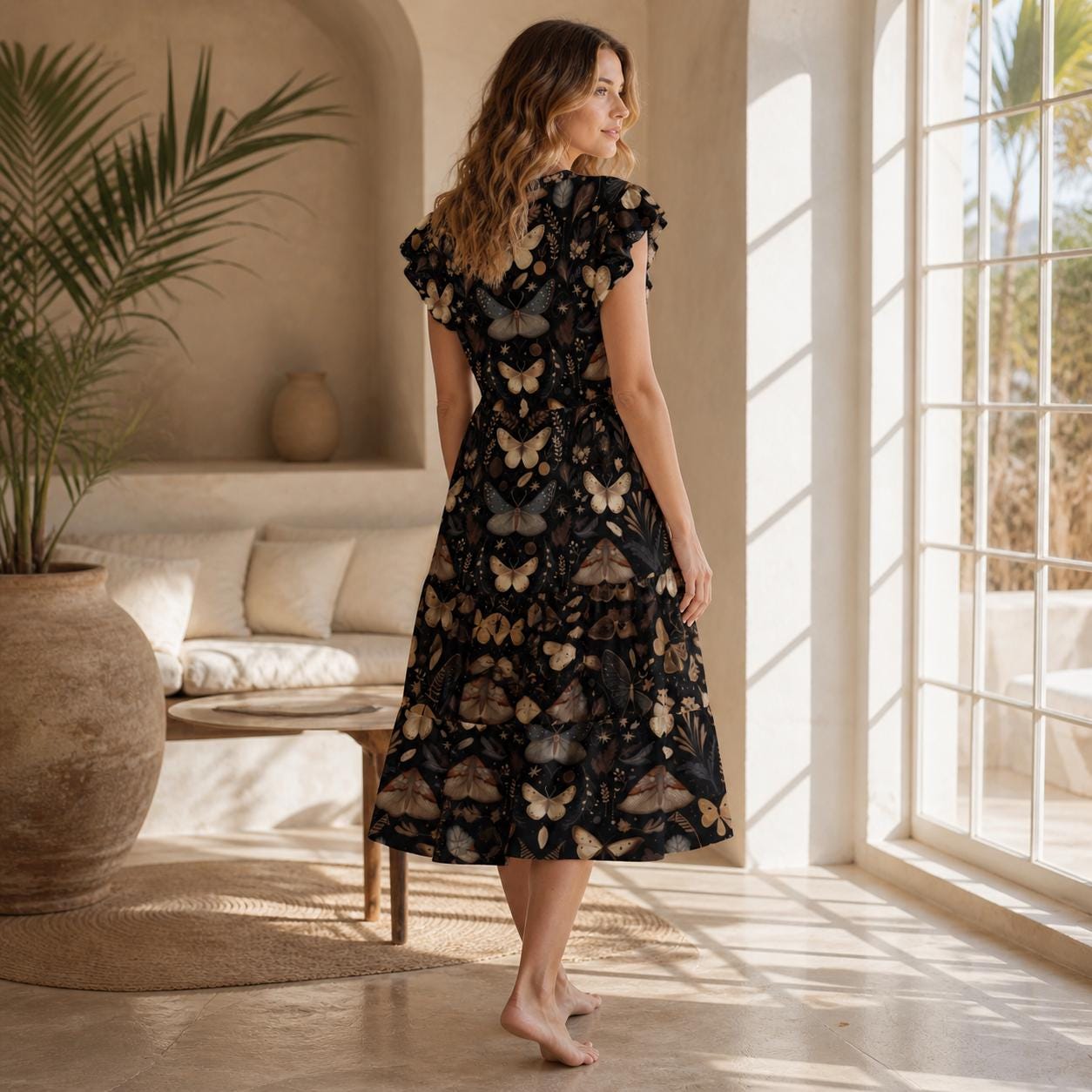 Black Moth Print Midi Dress, Flutter Sleeve V-Neck, Dark Cottagecore Style
