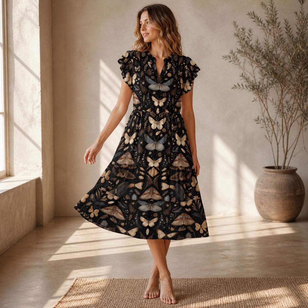 Black Moth Print Midi Dress, Flutter Sleeve V-Neck, Dark Cottagecore Style