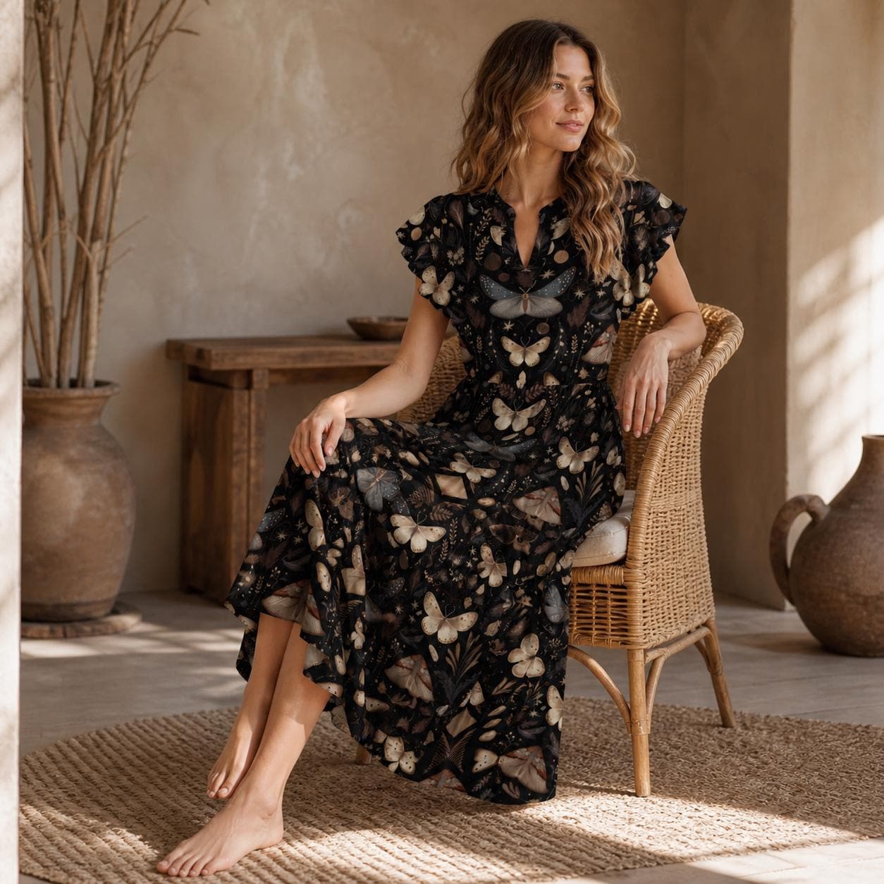 Black Moth Print Midi Dress, Flutter Sleeve V-Neck, Dark Cottagecore Style