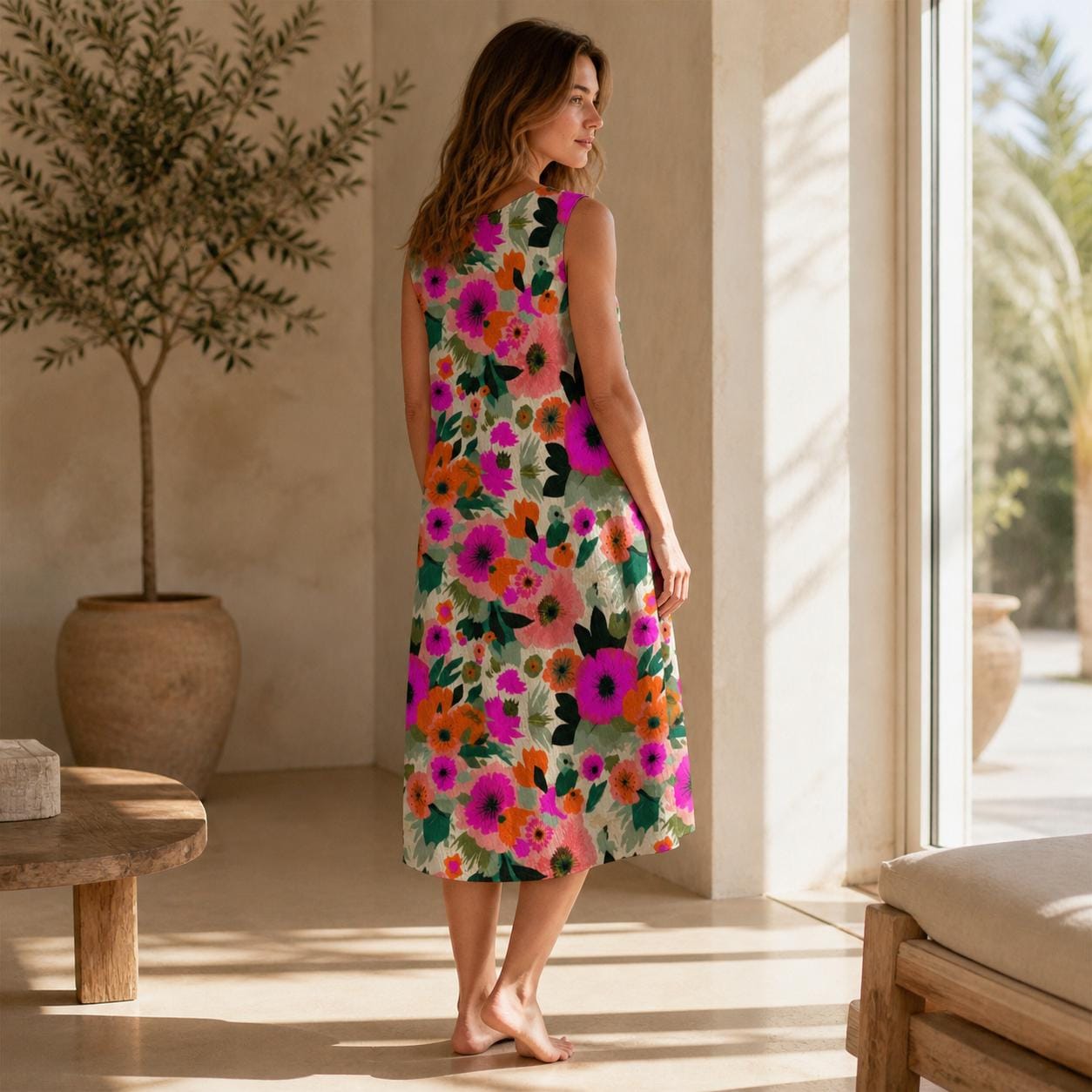 Colorful Floral Midi Sundress, Sleeveless Botanical Summer Dress, Vacation Brunch Wear