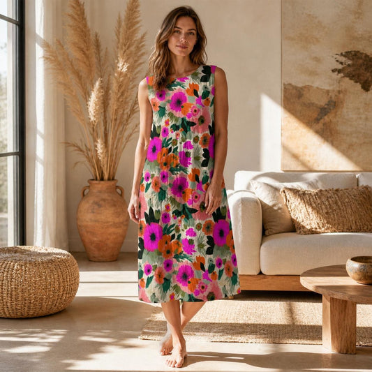Colorful Floral Midi Sundress, Sleeveless Botanical Summer Dress, Vacation Brunch Wear