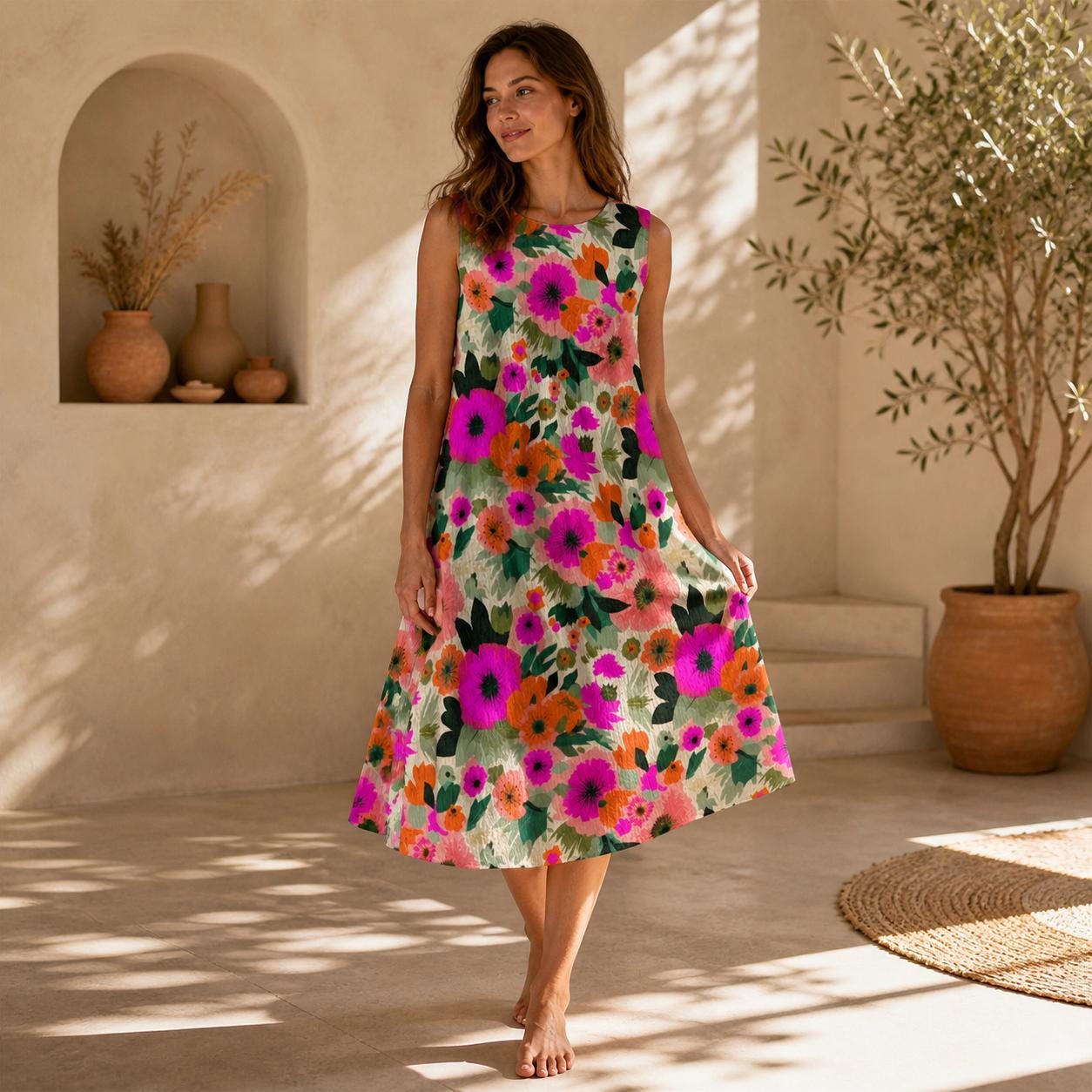 Colorful Floral Midi Sundress, Sleeveless Botanical Summer Dress, Vacation Brunch Wear