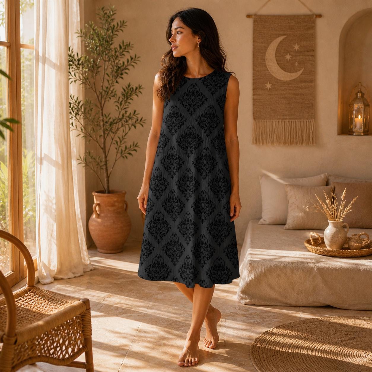 Charcoal Damask Midi Dress, Sleeveless A-Line Baroque Print, Dark Academia Goth Style