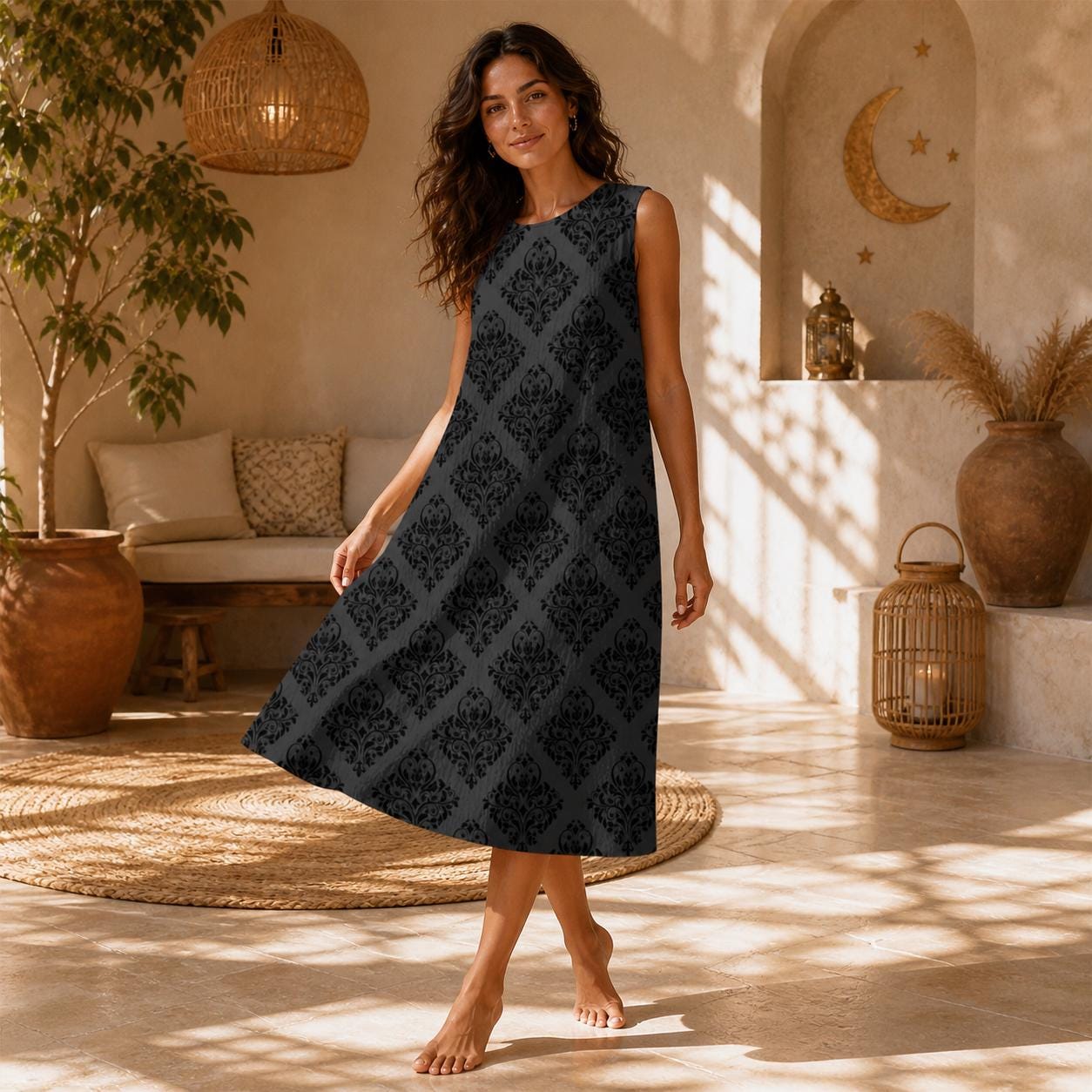 Charcoal Damask Midi Dress, Sleeveless A-Line Baroque Print, Dark Academia Goth Style
