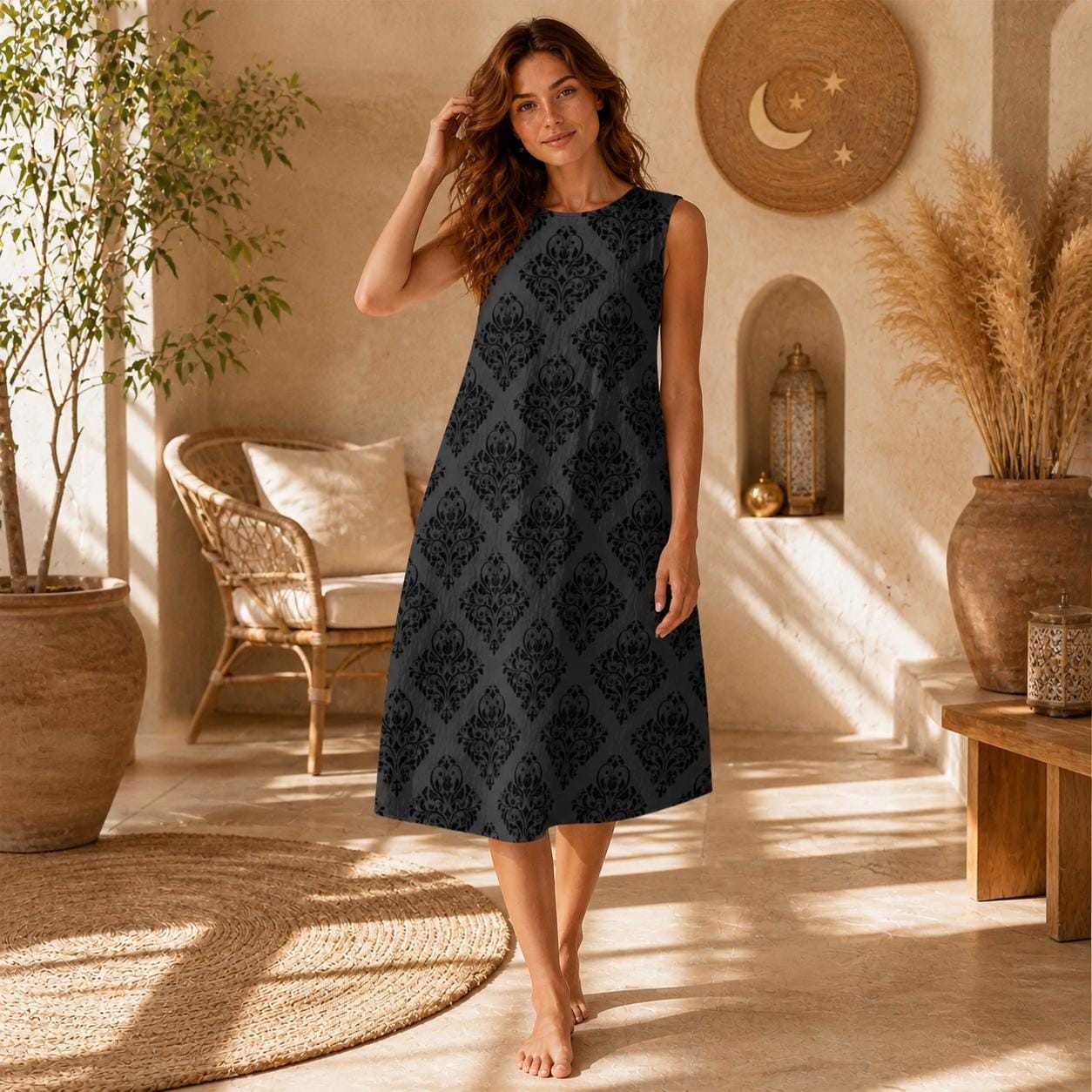 Charcoal Damask Midi Dress, Sleeveless A-Line Baroque Print, Dark Academia Goth Style