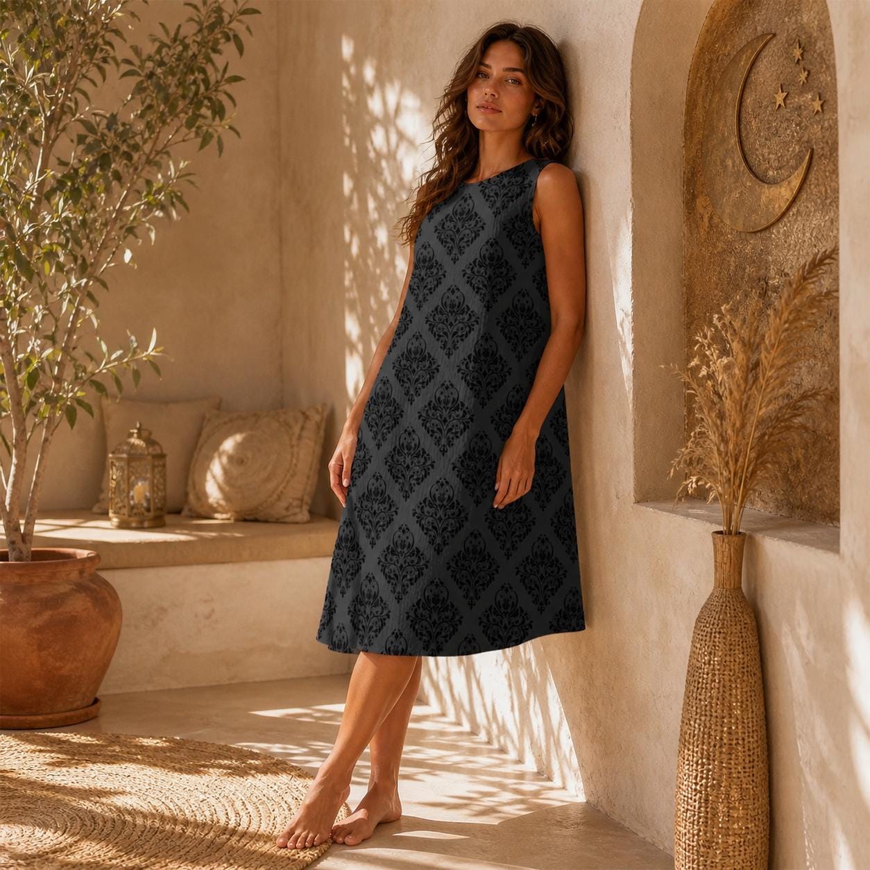 Charcoal Damask Midi Dress, Sleeveless A-Line Baroque Print, Dark Academia Goth Style