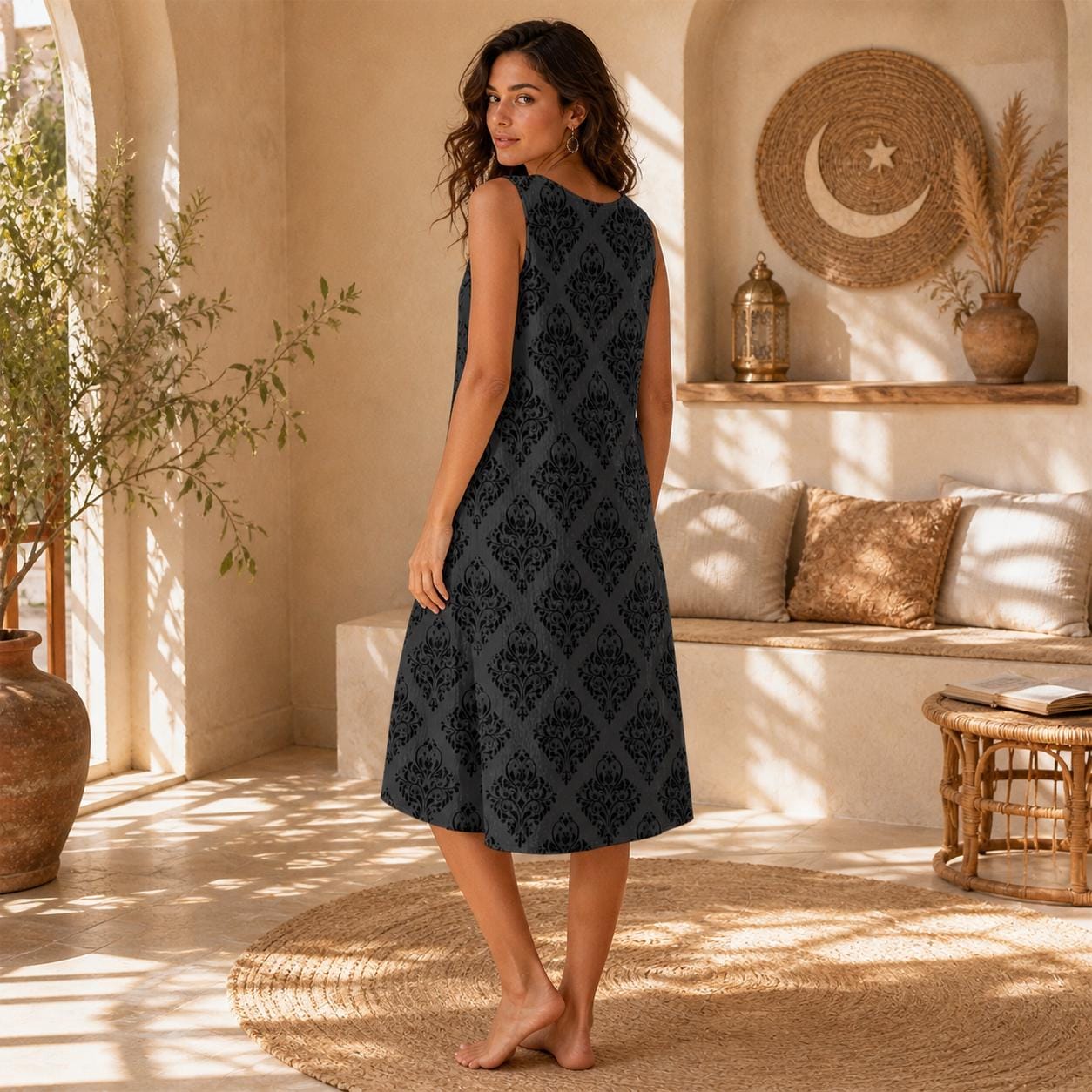 Charcoal Damask Midi Dress, Sleeveless A-Line Baroque Print, Dark Academia Goth Style