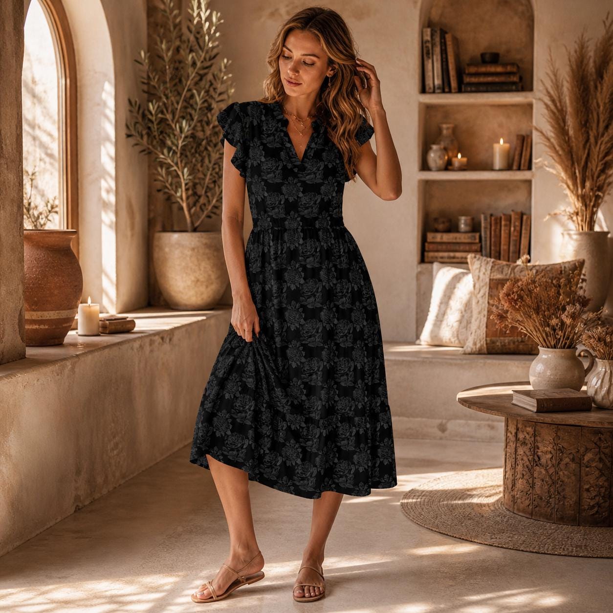 Gothic Floral Midi Dress, Black Botanical Fit and Flare, Flutter Sleeves, Dark Romantic Style