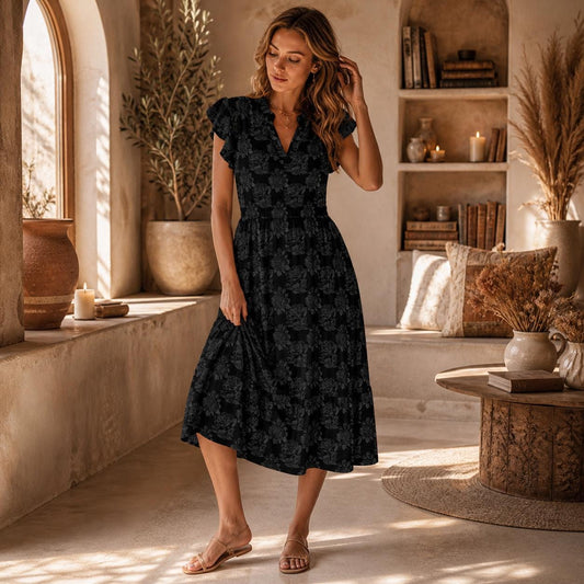 Gothic Floral Midi Dress, Black Botanical Fit and Flare, Flutter Sleeves, Dark Romantic Style