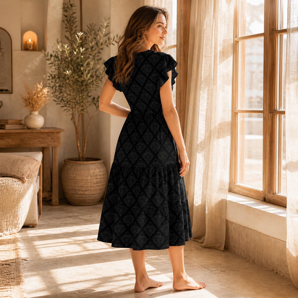 Black Damask Midi Dress, Gothic Flutter Sleeve, Dark Cottagecore Style