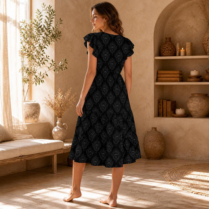 Gothic Damask Midi Dress, Black Baroque Floral, V-Neck Flutter Sleeve, Dark Romantic Cottagecore