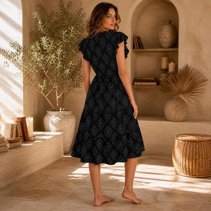 Gothic Damask Midi Dress, Black Baroque Floral, V-Neck Flutter Sleeve, Dark Romantic Cottagecore