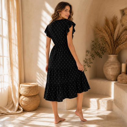 Black Ditsy Floral Midi Dress, Cottagecore Botanical Flutter Sleeve Sundress