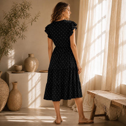 Black Ditsy Floral Midi Dress, Cottagecore Botanical Flutter Sleeve Sundress