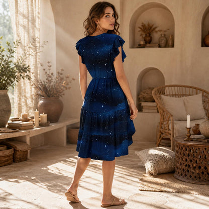 Navy Galaxy Print Midi Dress, Celestial Flutter Sleeve Sundress, Witchy Vacation Style