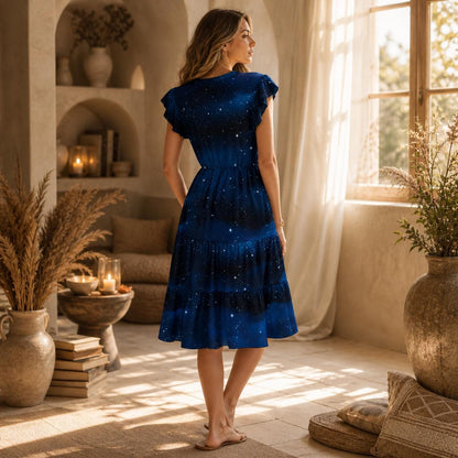 Navy Galaxy Print Midi Dress, Celestial Flutter Sleeve Sundress, Witchy Vacation Style