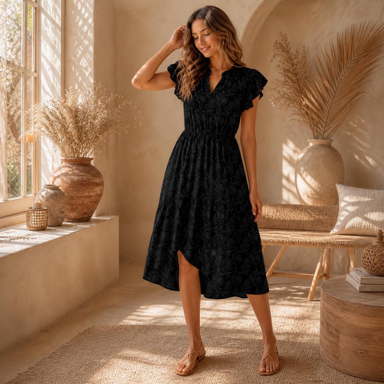 Black Floral Midi Dress, Ruffle Sleeve, Dark Cottagecore, Gothic Garden Style