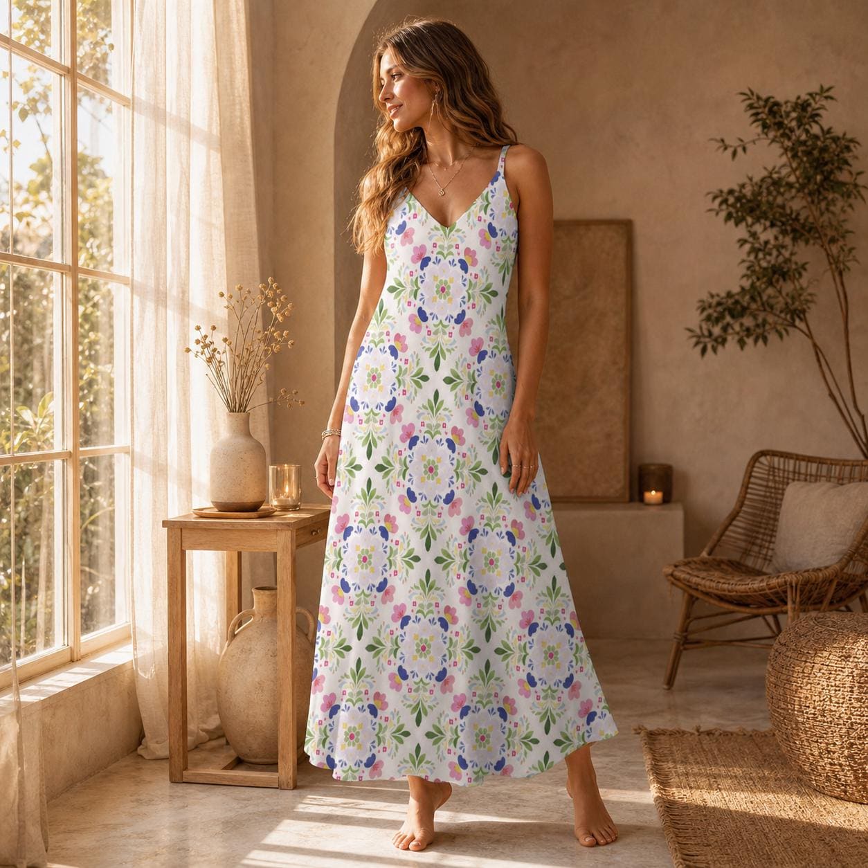 White Wildflower Floral Slip Maxi Dress, Botanical Cottagecore Beach Style