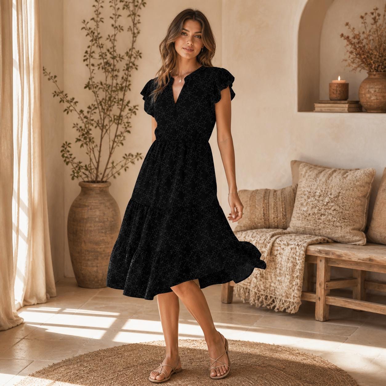 Black Spider Web Midi Dress, Gothic Sleeve Fit and Flare, Romantic V Neck Asymmetrical Hem