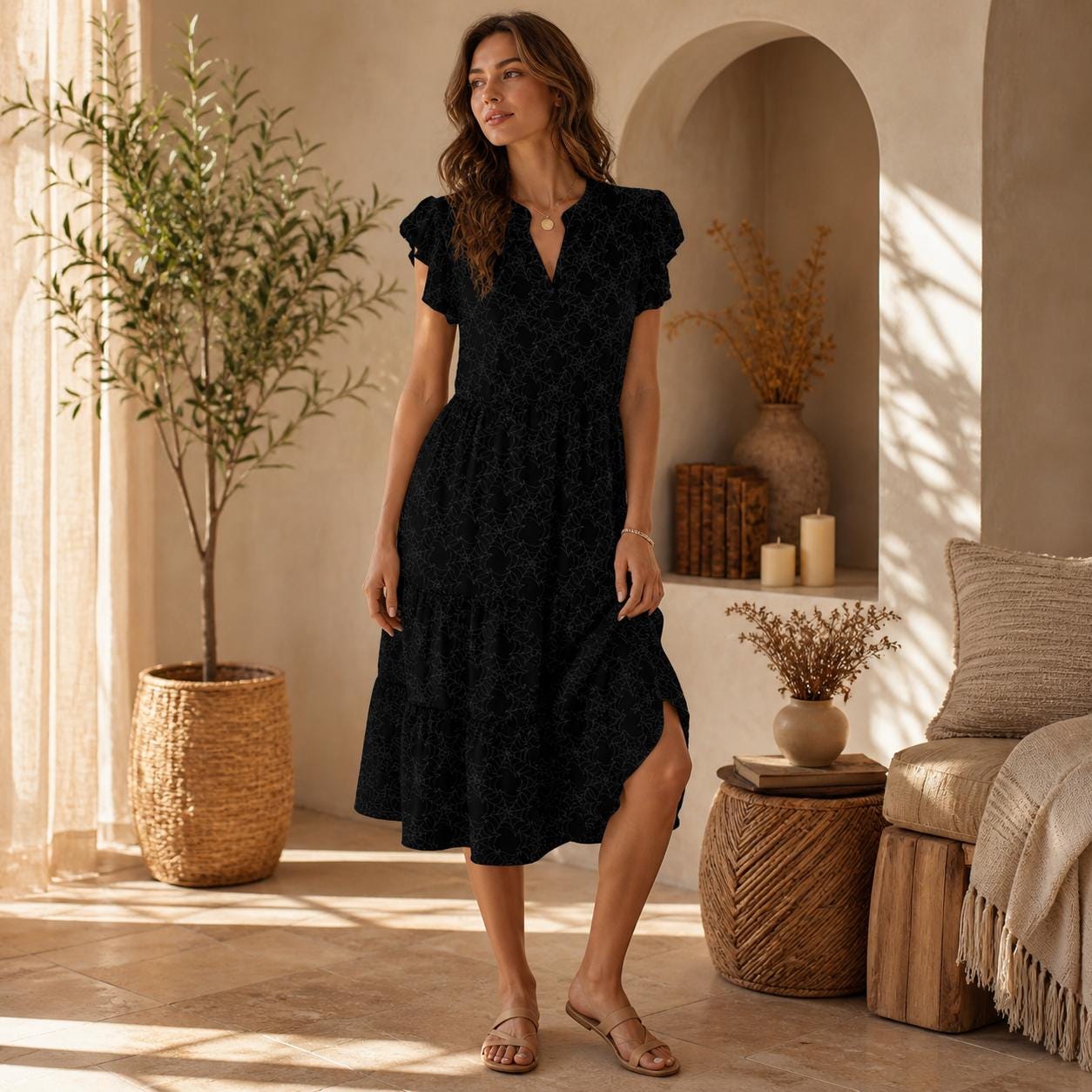 Black Spider Web Midi Dress, Gothic Sleeve Fit and Flare, Romantic V Neck Asymmetrical Hem