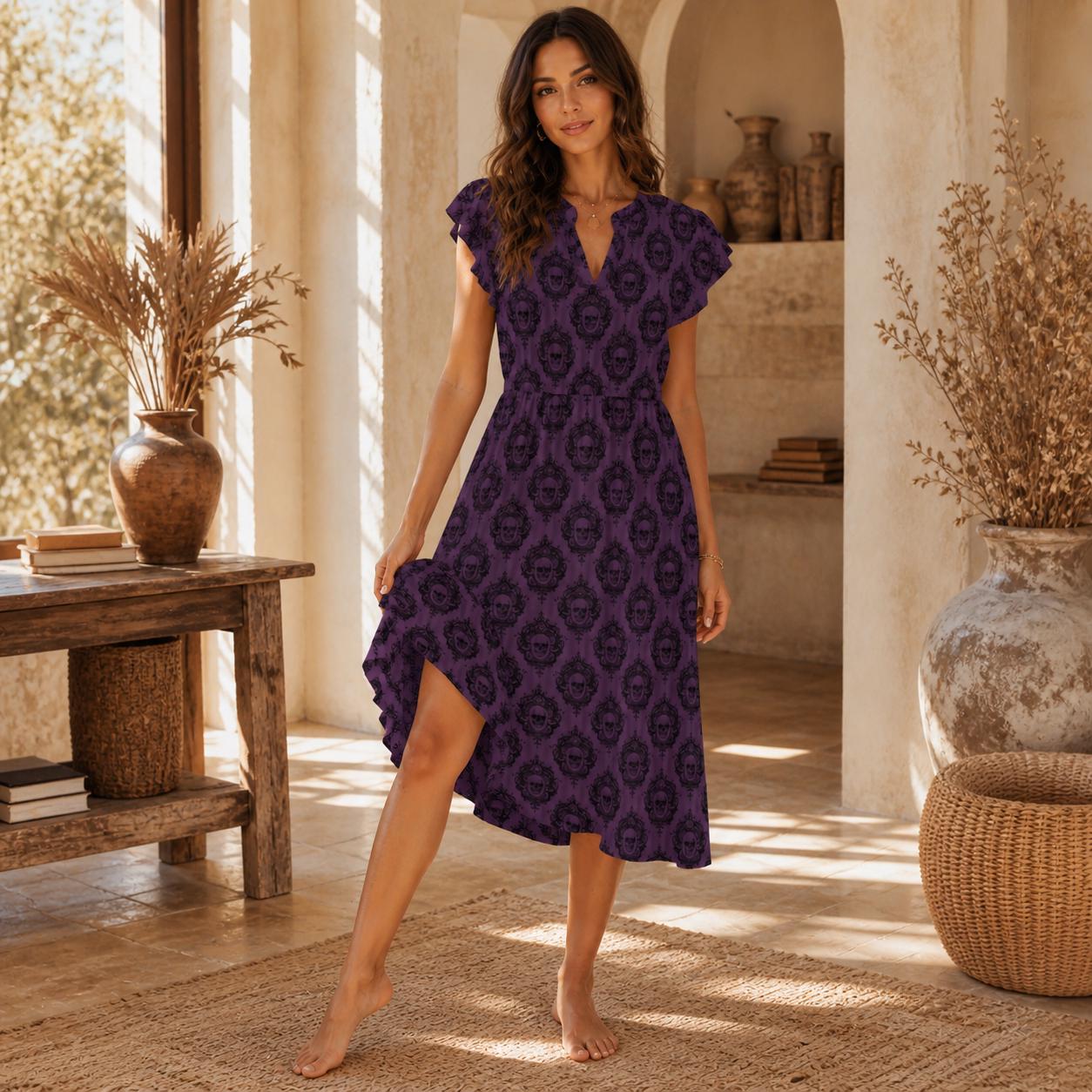 Purple Skull Cameo Dress, Gothic Flutter Sleeve Fit and Flare Midi