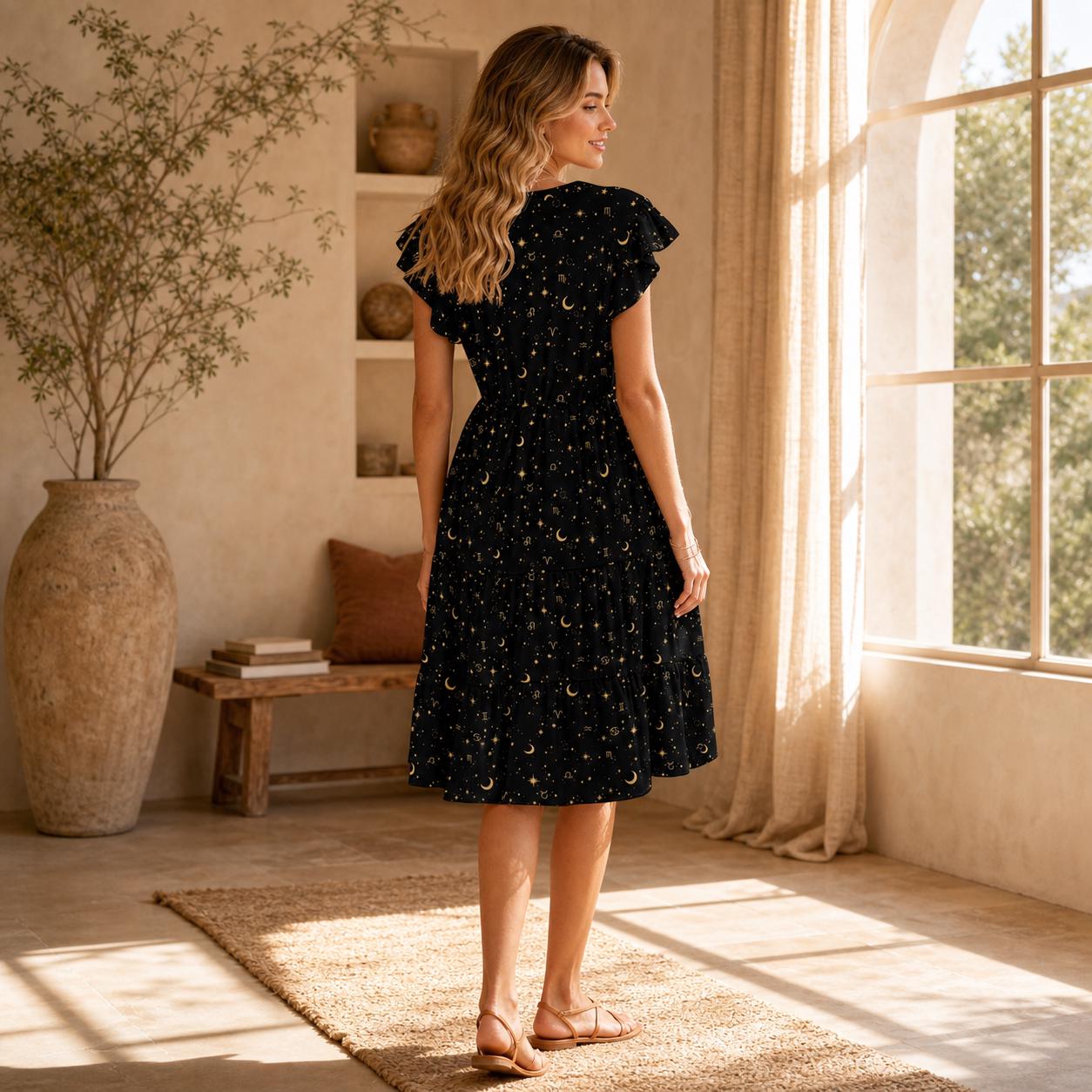 Black Celestial Dress, Gold Moon Star Print, V-Neck Flutter Sleeve, Astrology Style Summer Outfit