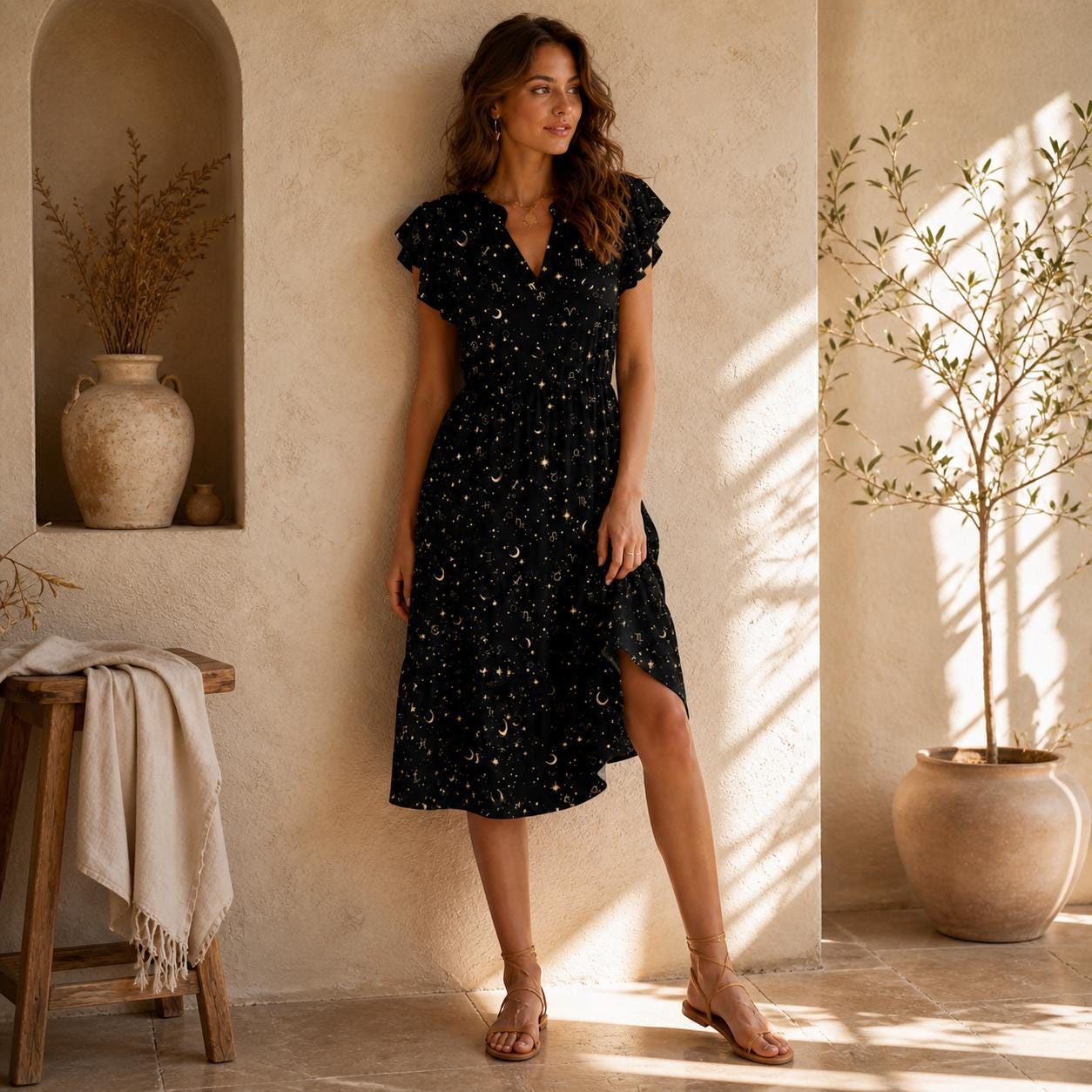 Black Celestial Dress, Gold Moon Star Print, V-Neck Flutter Sleeve, Astrology Style Summer Outfit