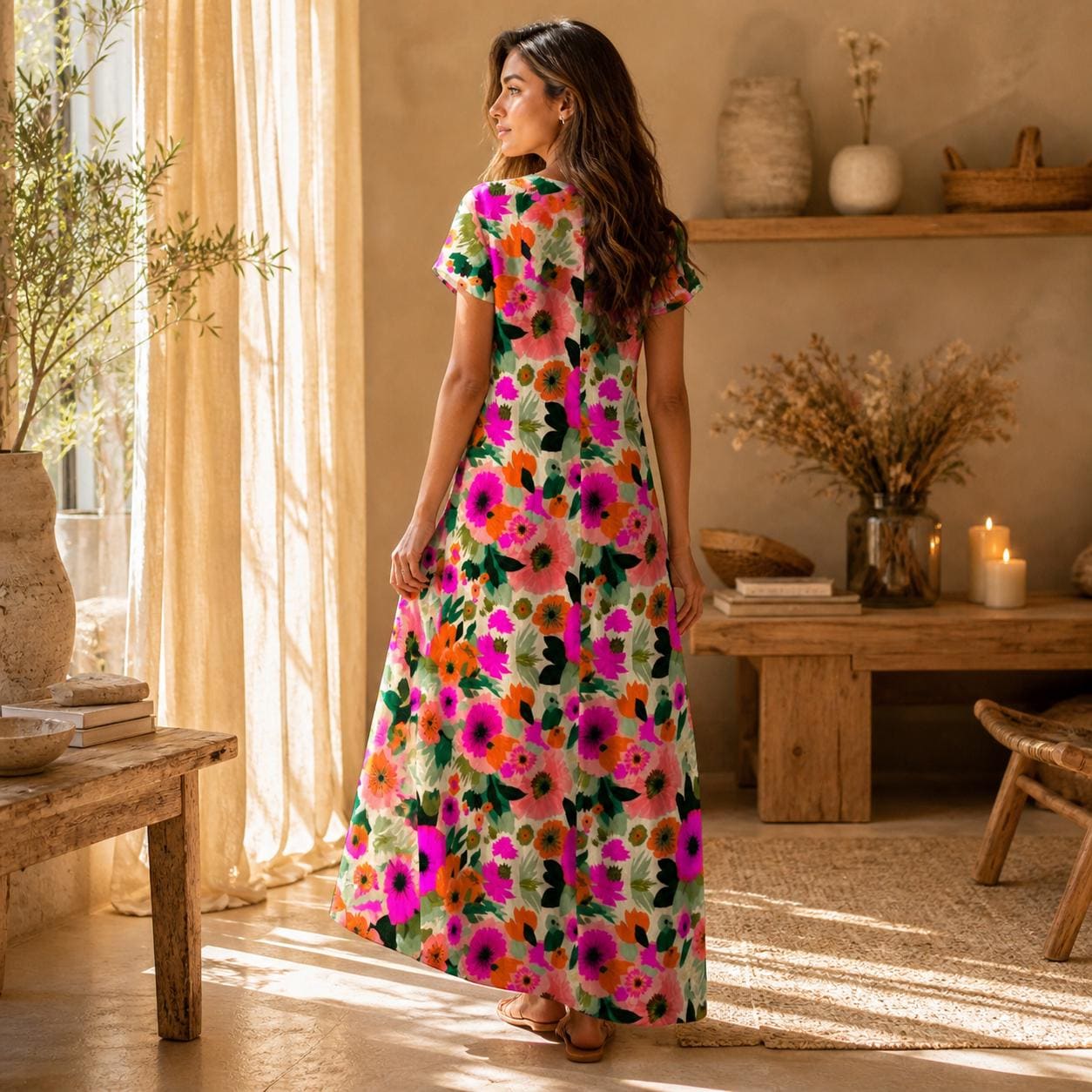 Colorful Floral Maxi Dress, Tropical Summer Vacation, Short Sleeve Side Slit