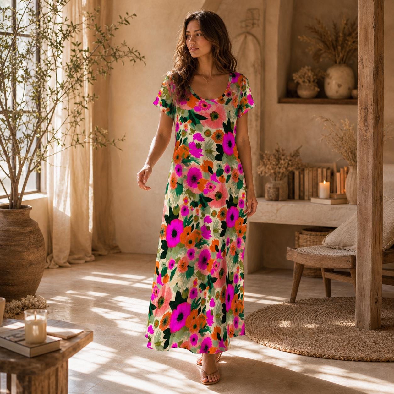 Colorful Floral Maxi Dress, Tropical Summer Vacation, Short Sleeve Side Slit