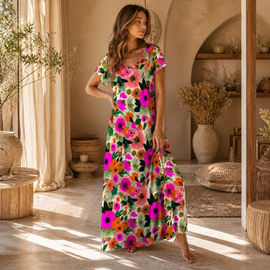 Colorful Floral Maxi Dress, Tropical Summer Vacation, Short Sleeve Side Slit