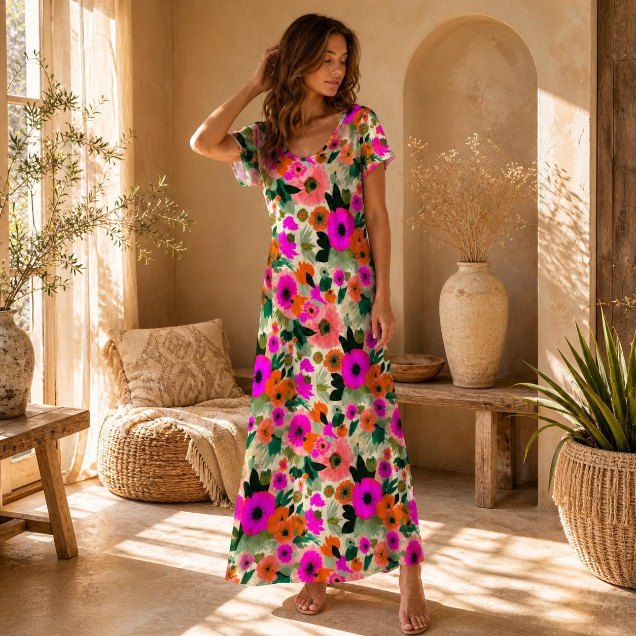 Colorful Floral Maxi Dress, Tropical Summer Vacation, Short Sleeve Side Slit