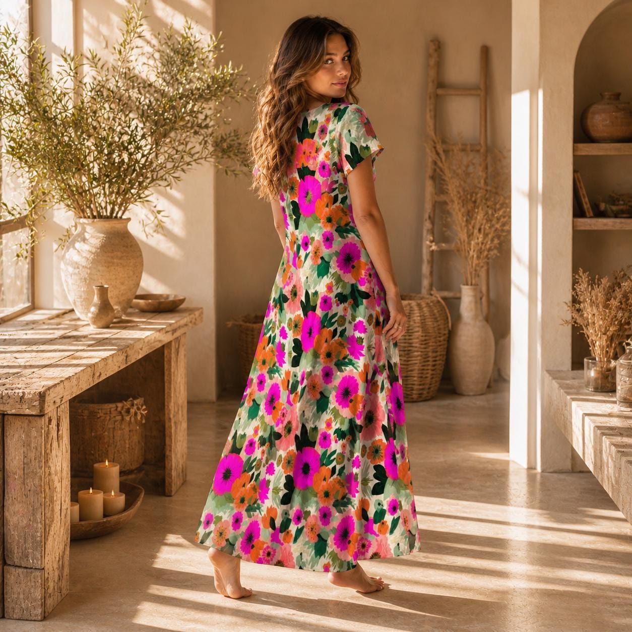 Colorful Floral Maxi Dress, Tropical Summer Vacation, Short Sleeve Side Slit