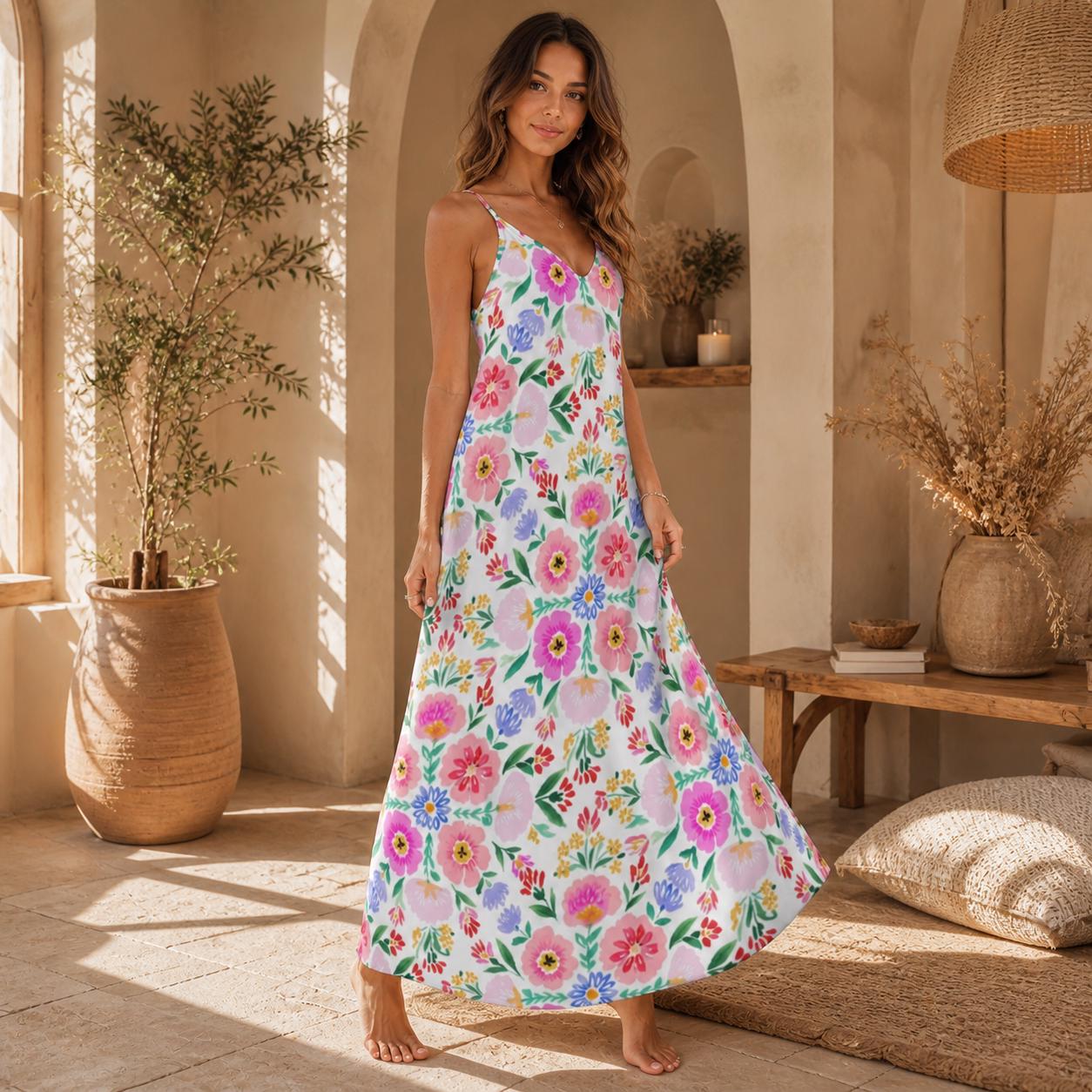 White Floral Sundress, Strappy Cottagecore Maxi Dress, Garden Print Vacation Outfit