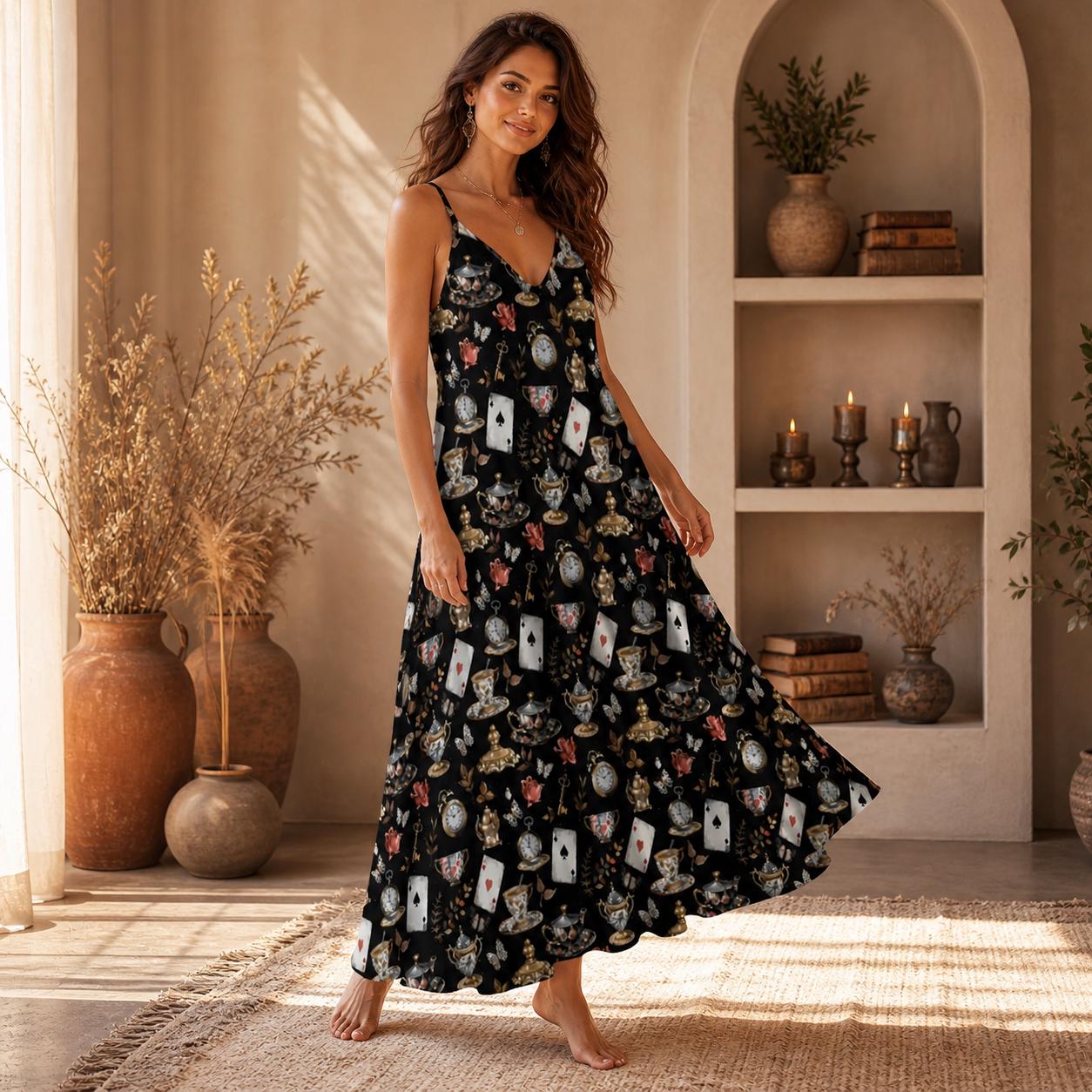 Dark Fairytale Maxi Dress, Playing Card Print, Cottagecore Sundress, Sleeveless Black Tea Party