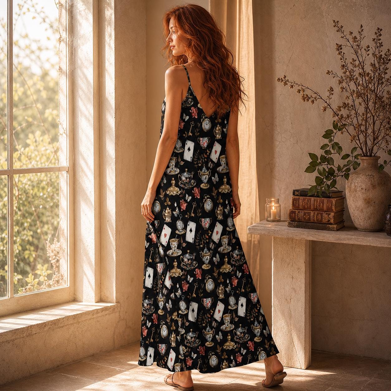 Dark Fairytale Maxi Dress, Playing Card Print, Cottagecore Sundress, Sleeveless Black Tea Party
