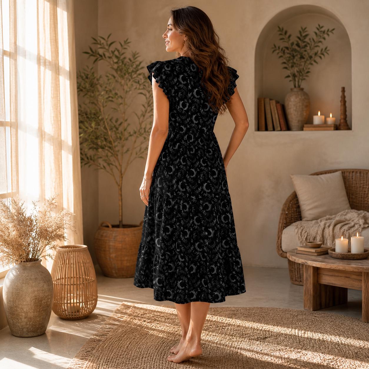 Black Crescent Moon Midi Dress, Witchy Occult Botanical Print, Dark Fairy Style