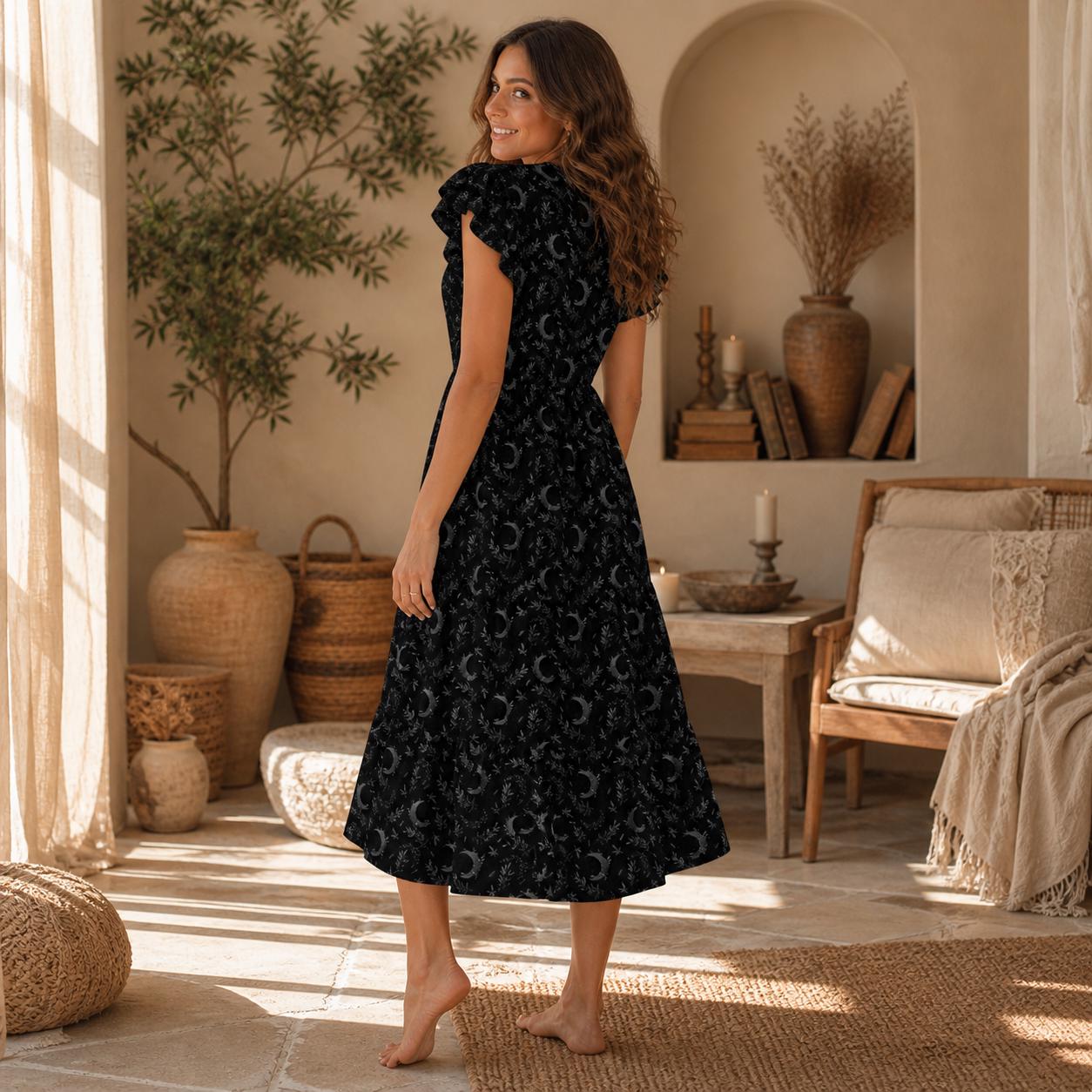 Black Crescent Moon Midi Dress, Witchy Occult Botanical Print, Dark Fairy Style