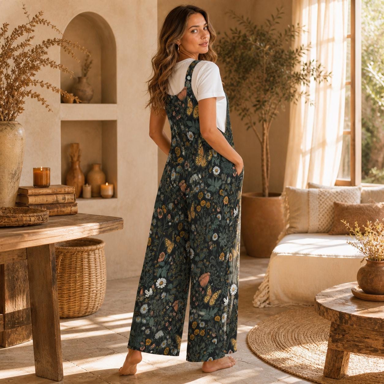 Wildflower Butterfly Jumpsuit, Botanical Wide Leg Cottagecore Overalls