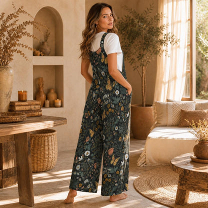 Rear view of the wildflower butterfly wide-leg jumpsuit in a sunlit room