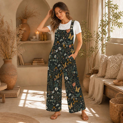 Model wearing the wildflower butterfly wide-leg jumpsuit with one hand in a pocket