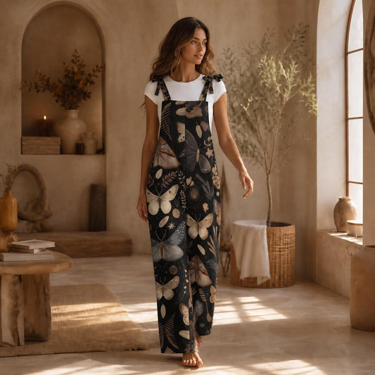 Nocturnal Moth Dungarees, Wide Leg Insect Print Jumpsuit with Ribbon Straps, Organic Forest Fashion