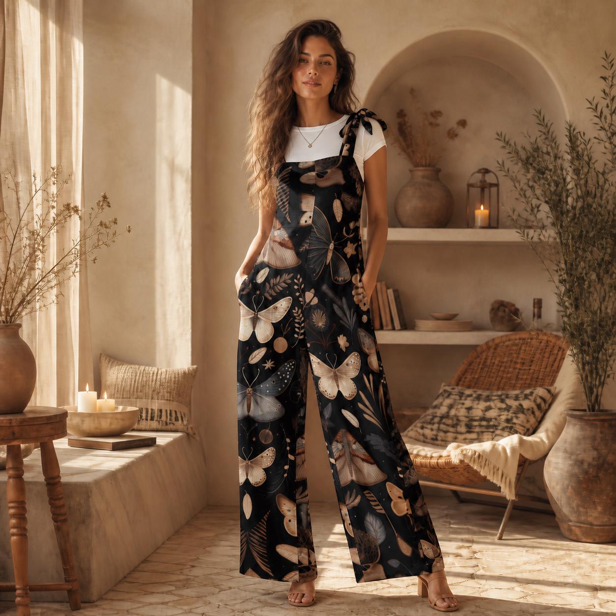 Nocturnal Moth Dungarees, Wide Leg Insect Print Jumpsuit with Ribbon Straps, Organic Forest Fashion